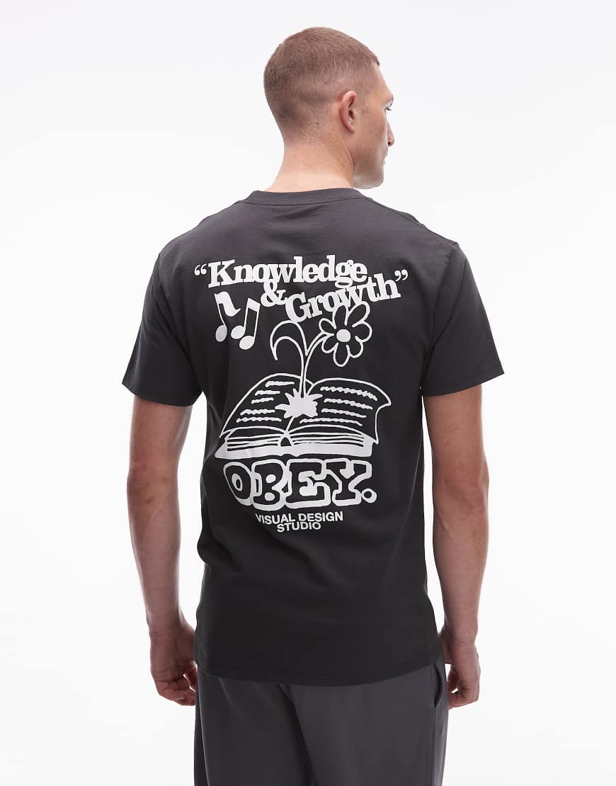 Obey - T-Shirt in verwaschenem Schwarz mit „Knowledge & Growth"-Grafik- und Textprint von Obey