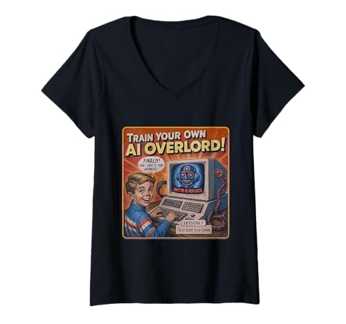 Damen Trainieren Sie Ihren eigenen AI Overlord Retro Sci-Fi Humor T-Shirt mit V-Ausschnitt Damen Trainieren Sie Ihren eigenen AI Overlord Retro Sci-Fi Humor T-Shirt mit V-Ausschnitt von ObeyTech Threads