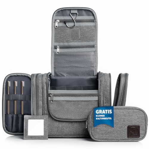 Obics Kulturbeutel Herren & Damen Gross grau 8L XXL - Kulturtasche zum Aufhängen & mit Spiegel - Toiletten-Tasche mit Henkel hängend - Kosmetik-Beutel - Waschtasche 10 Fächer für Camping Reisen von Obics