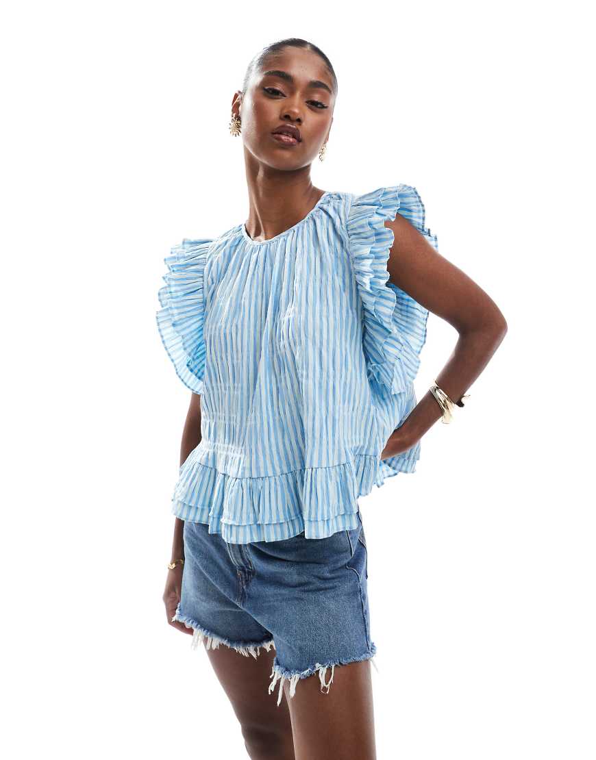 Object - Bluse mit Streifen in leuchtendem Blau und Rüschen von Object