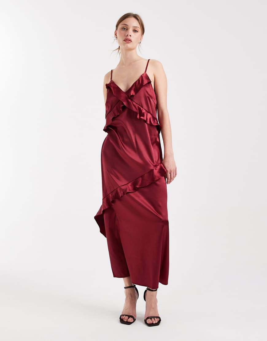 Object - Camisole-Maxikleid aus Satin in Burgunderrot mit Rüschenbesatz von Object