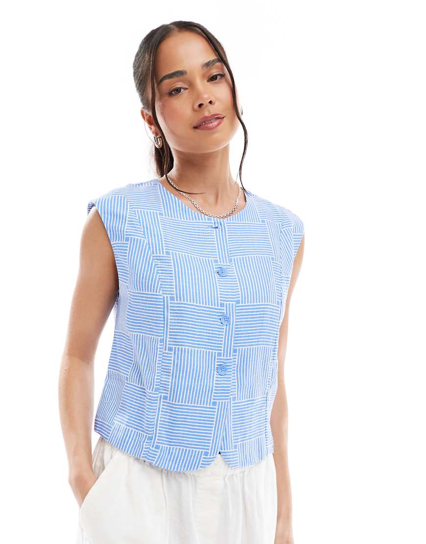 Object - Cropped Westen-Oberteil in Blau mit Crosshatch-Print-Weiß Object - Cropped Westen-Oberteil in Blau mit Crosshatch-Print-Weiß von Object