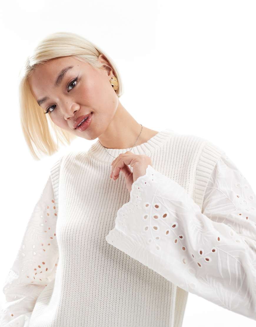 Object - Gerippter Strickpullover in Weiß mit Lochstickerei an den Ärmeln von Object