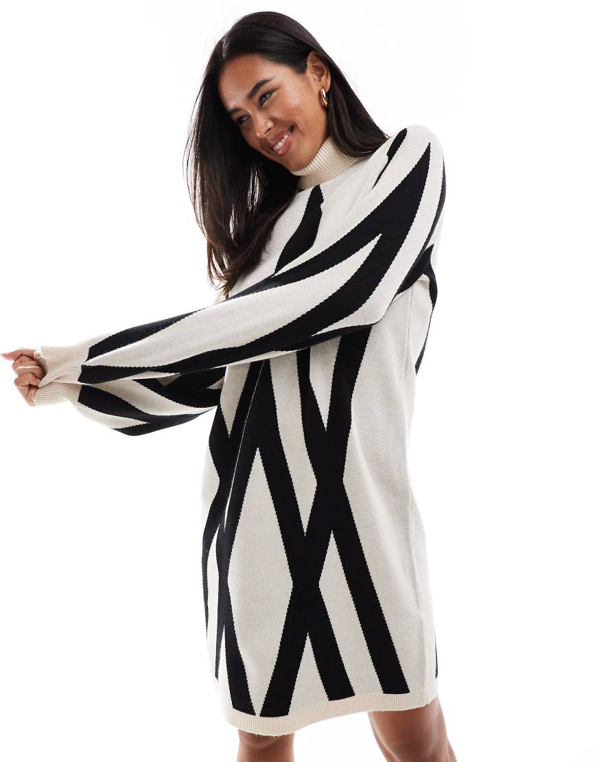 Object - Gestricktes Pulloverkleid in Cremeweiß mit schwarzem Muster und Rollkragen-Bunt von Object