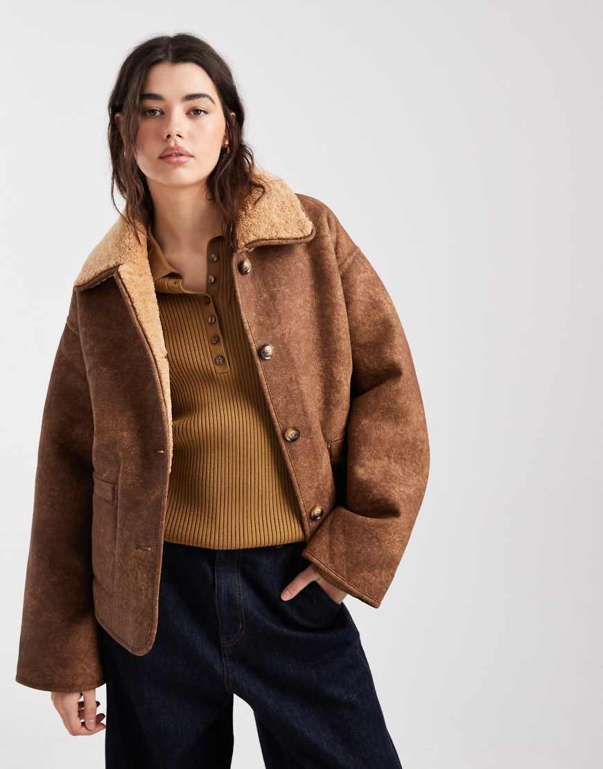 Object - Hochwertige, weiche und gemütliche Teddyfell-Wendejacke in Hellbraun-Brown von Object