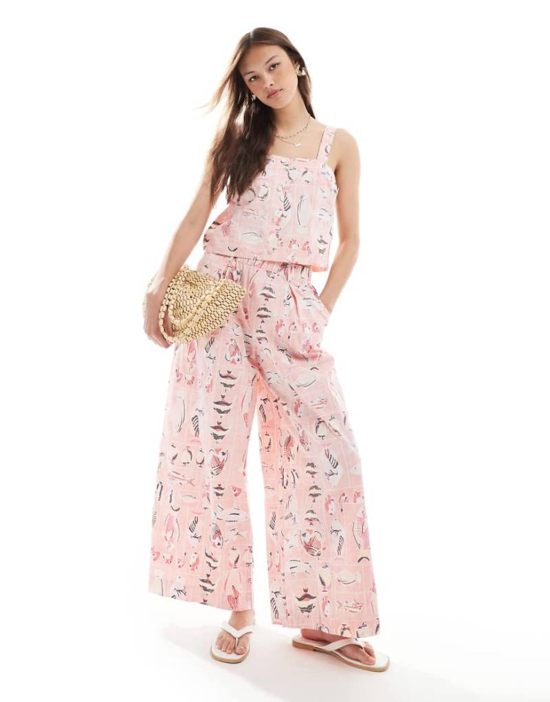 Object - Hose aus Baumwolle in rosa Vintage-Waschung mit Fisch-Print, Kombiteil-Bunt von Object