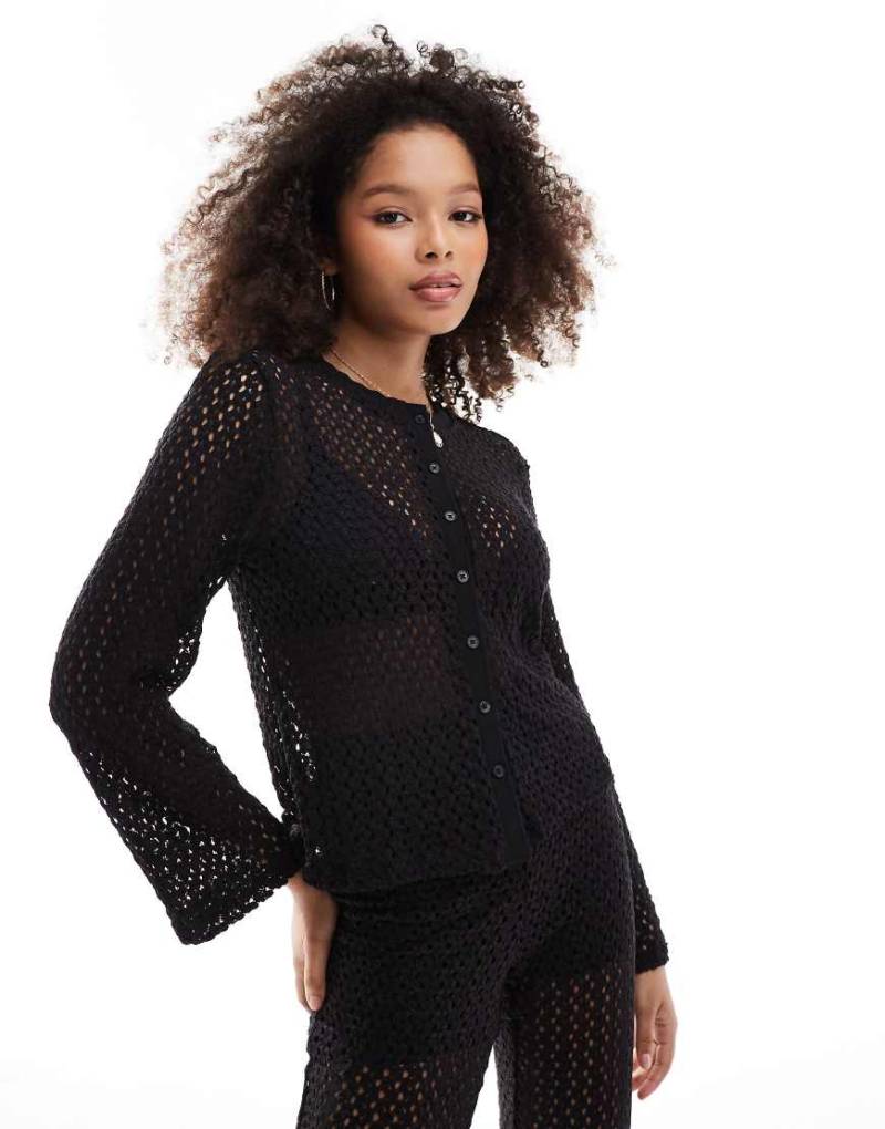 Object - Jacke aus durchbrochenem Strick in Grau mit Knopfleiste-Schwarz von Object