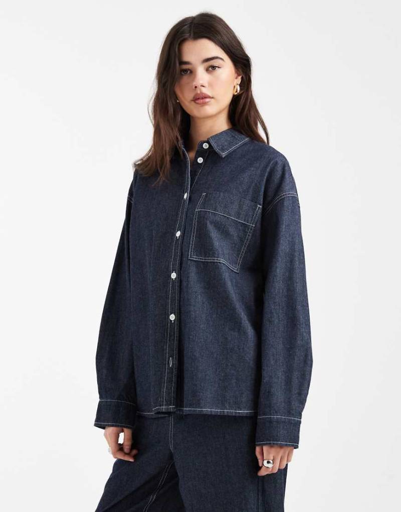 Object - Jeans-Hemd in Rinse-Denim mit Button-Down-Kragen, Kombiteil-Marineblau von Object
