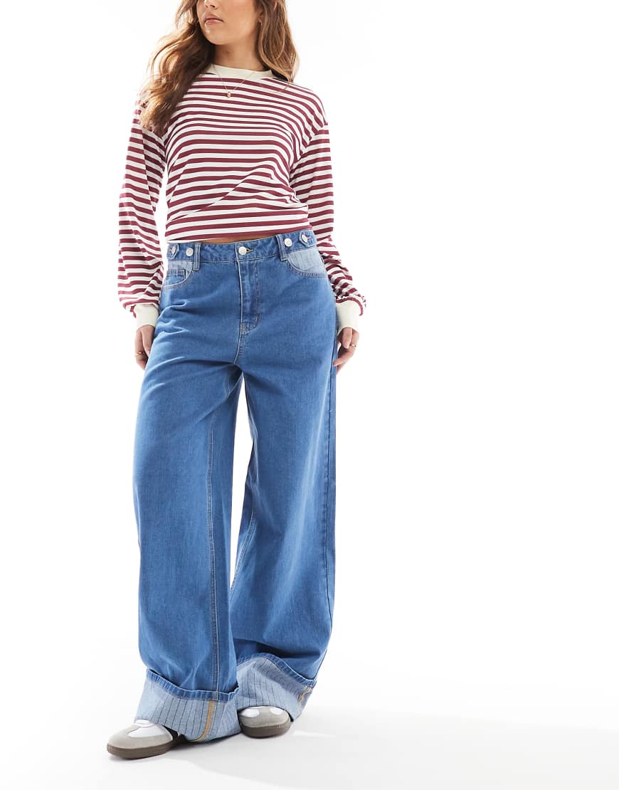 Object - Jeans aus mittelblauem Denim mit extrem weitem Bein und kontrastierendem Umschlag von Object