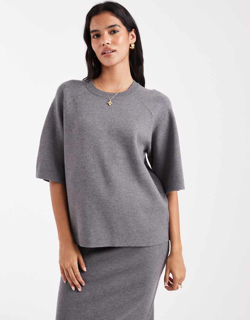 Object - Kurzärmliger, strukturierter Strickpullover in Grau, Kombiteil von Object