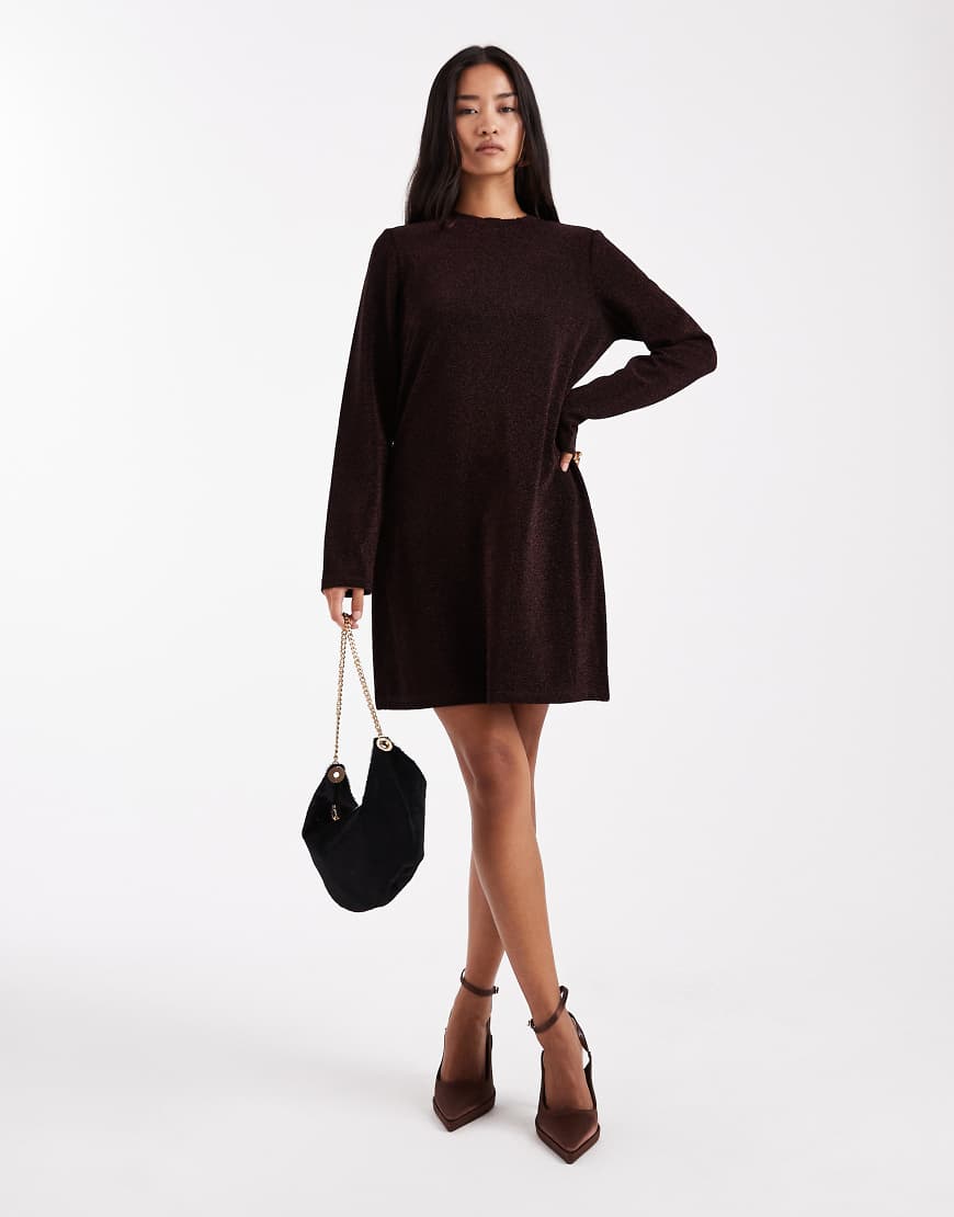 Object - Langärmliges Glitzer-Minikleid in warmem Braun-Brown Object - Langärmliges Glitzer-Minikleid in warmem Braun-Brown von Object