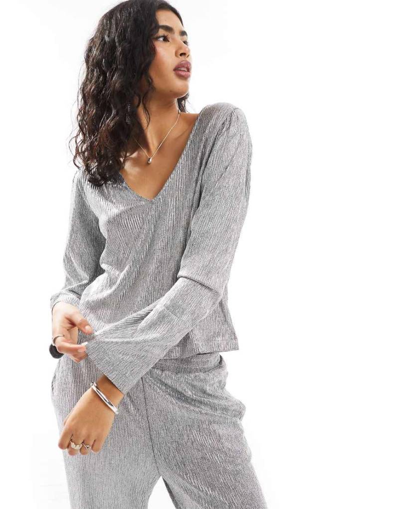 Object - Langärmliges Oberteil in Silber mit tiefem Rückenausschnitt, Kombiteil-Schwarz von Object