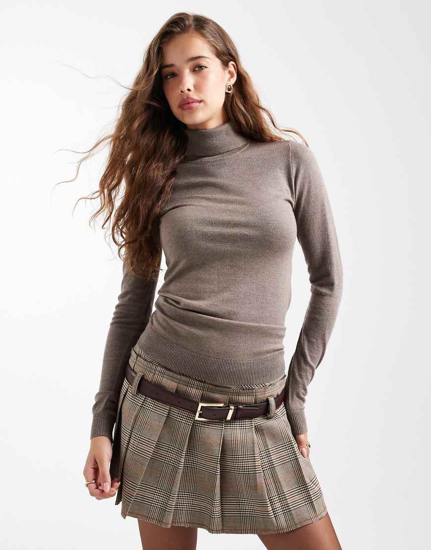 Object - Langärmliges Strickoberteil in meliertem Morchelbraun mit Rollkragen-Neutral von Object