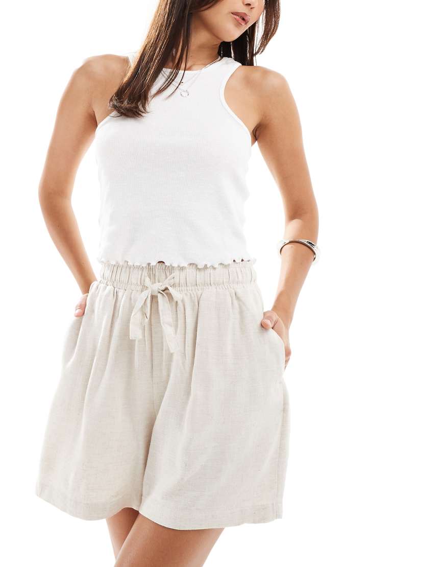 Object - Leinen-Shorts in Creme mit Taillenschnürung-Weiß von Object