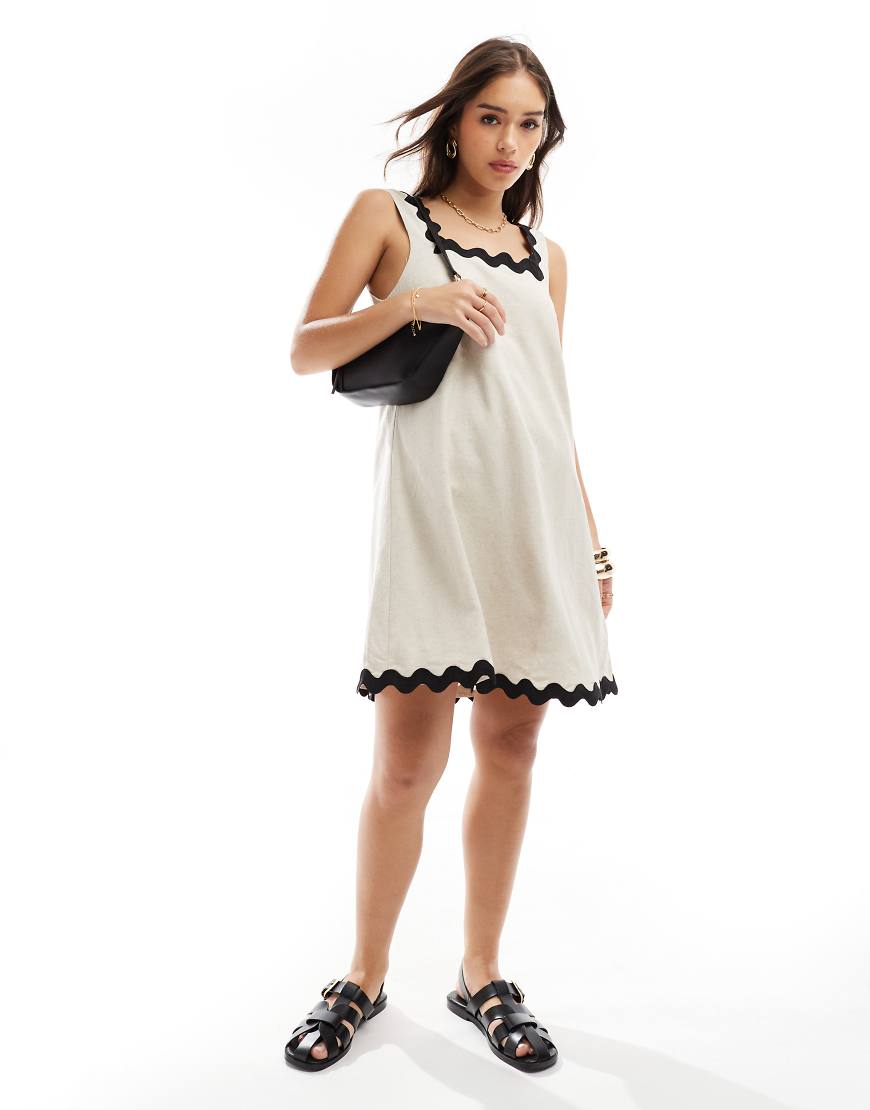 Object - Leinenmix-Minikleid in Beige mit A-Linien-Schnitt und welliger Borte-Neutral von Object