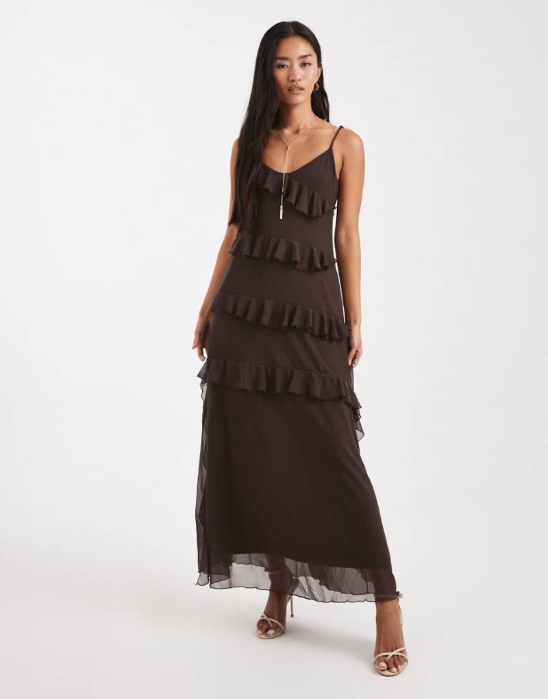 Object - Maxi-Trägerkleid aus Netzstoff in Schokobraun mit Rüschen-Brown von Object
