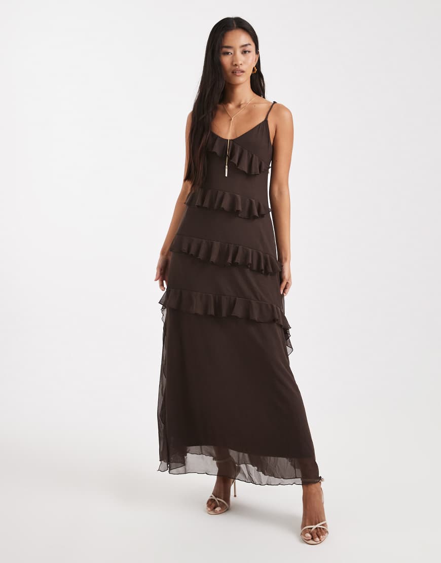 Object - Maxi-Trägerkleid aus Netzstoff in Schokobraun mit Rüschen-Brown von Object
