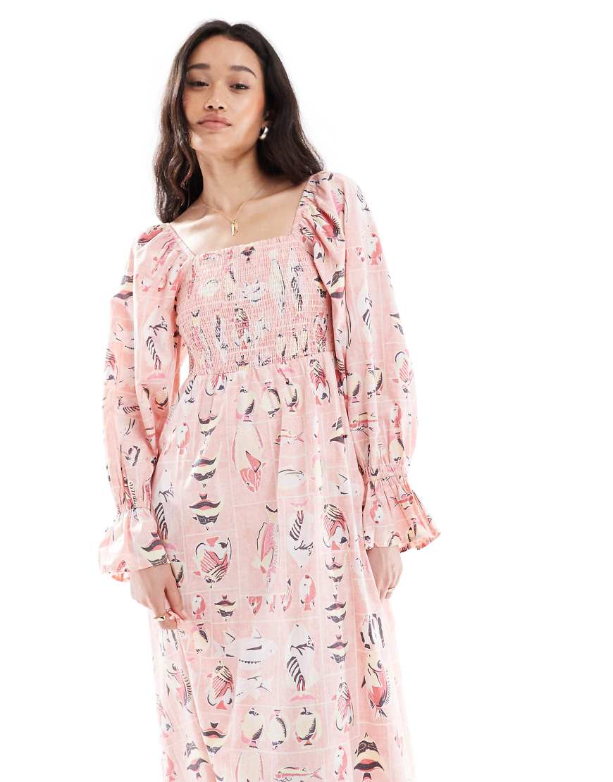 Object - Midi-Hängerkleid in Rosa mit Fisch-Print in Vintage-Waschung-Bunt Object - Midi-Hängerkleid in Rosa mit Fisch-Print in Vintage-Waschung-Bunt von Object