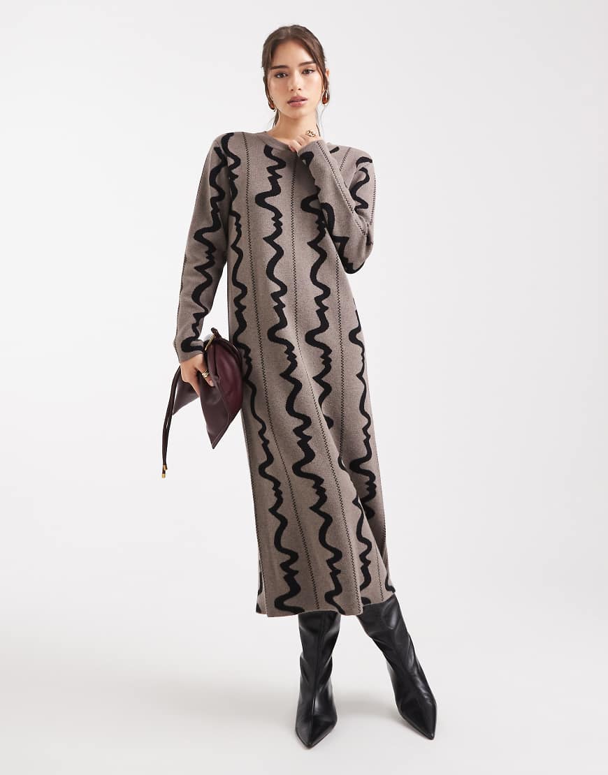 Object - Midi-Strickkleid in Schokobraun mit abstraktem Muster-Schwarz von Object