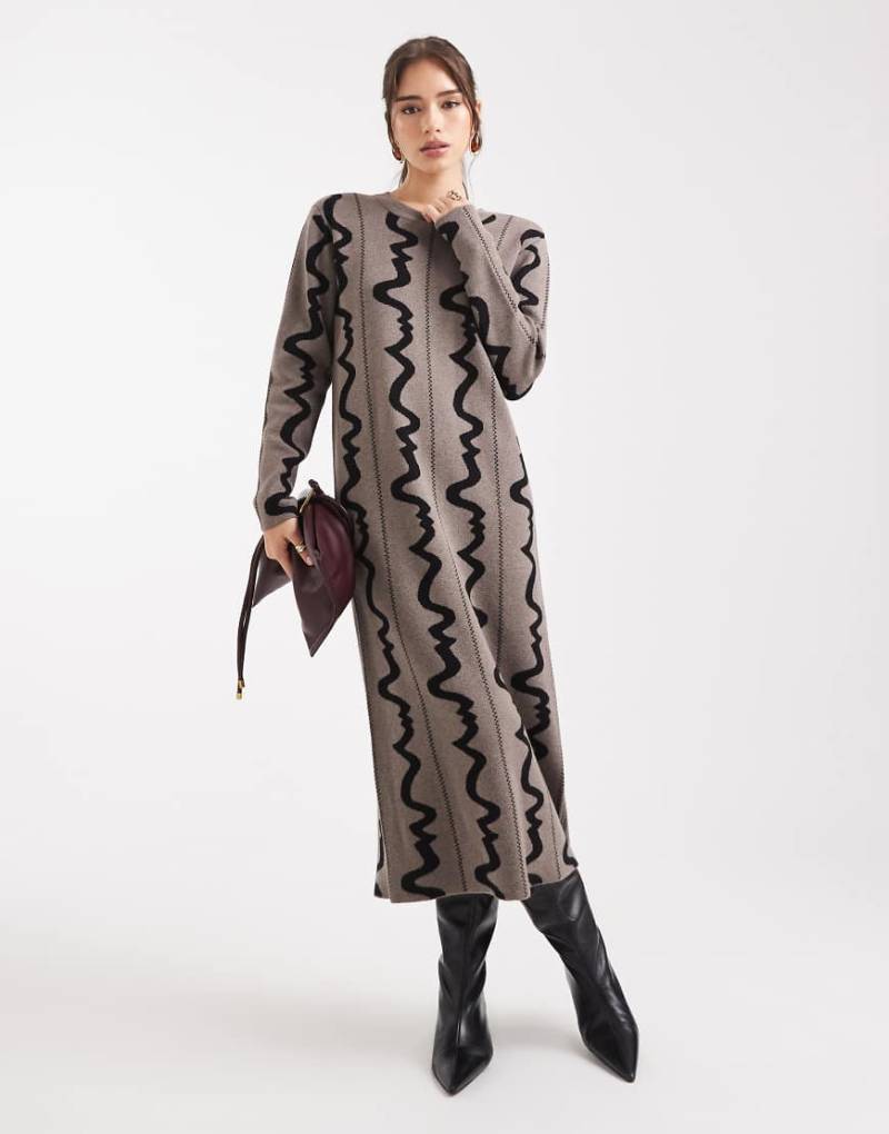 Object - Midi-Strickkleid in Schokobraun mit abstraktem Muster-Schwarz von Object