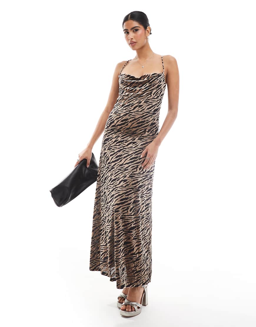 Object - Midi-Trägerkleid mit Ausbrenner-Zebramuster und Wasserfallausschnitt-Bunt von Object