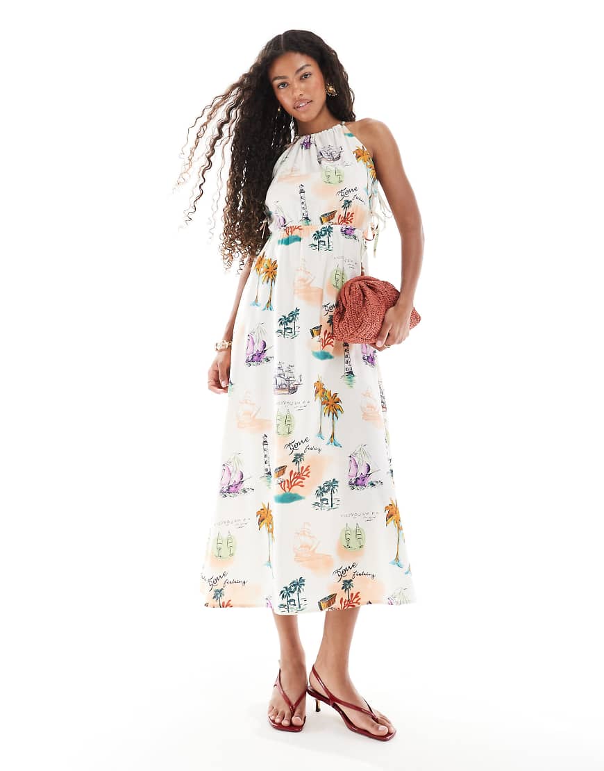 Object - Neckholder-Midikleid mit seitlichem Bindedetail und Postkarten-Print in warmen Farben-Weiß von Object