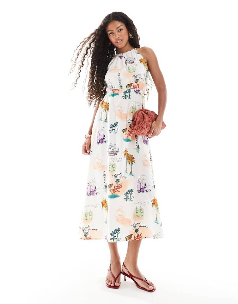 Object - Neckholder-Midikleid mit seitlichem Bindedetail und Postkarten-Print in warmen Farben-Weiß von Object