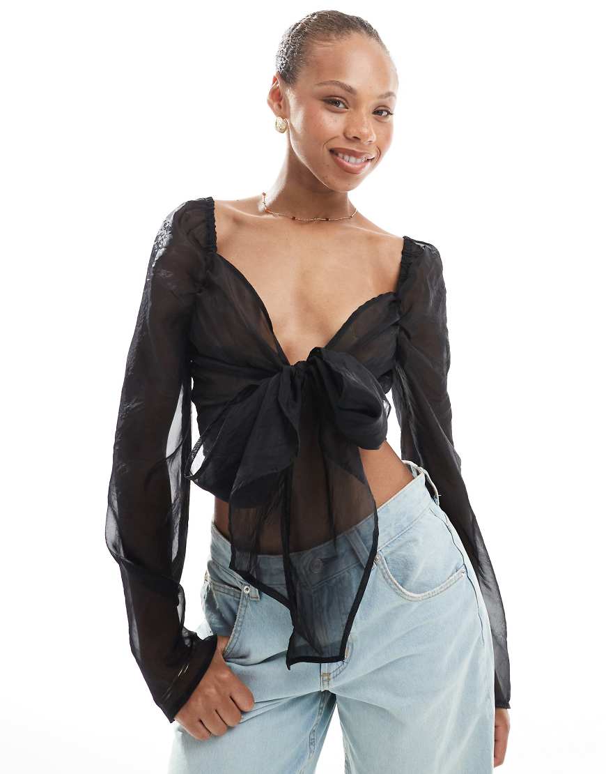 Object - Oberteil aus transparentem Organza in Schwarz mit Wickeldesign vorne von Object