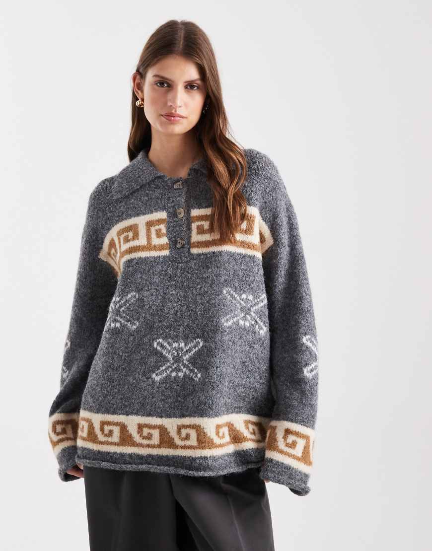 Object - Oversize-Strickpullover in Mittelgrau meliert mit Jacquardmuster und Polokragen von Object