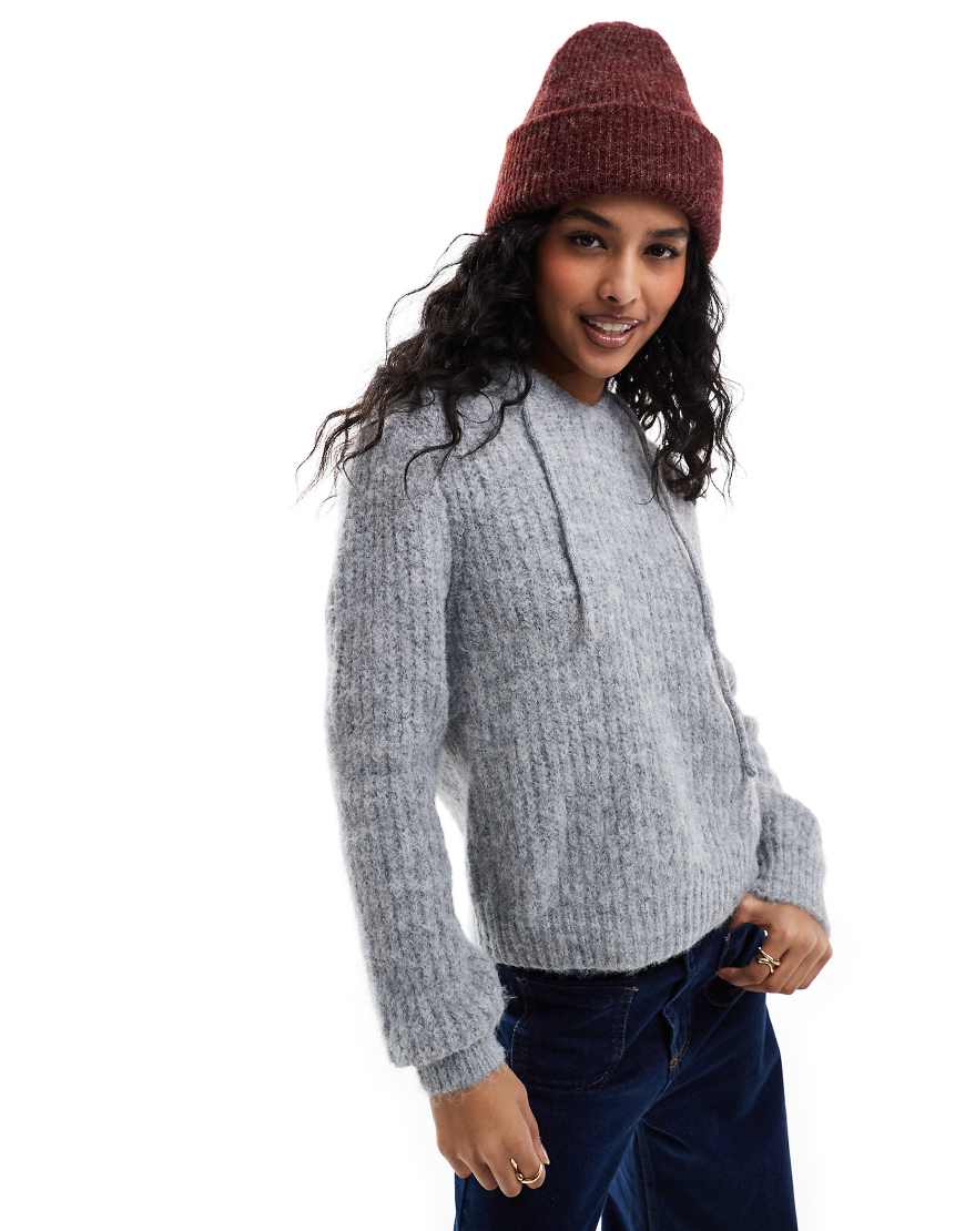 Object - Pullover in Hellgrau mit Kapuze und grober Rippenstruktur von Object