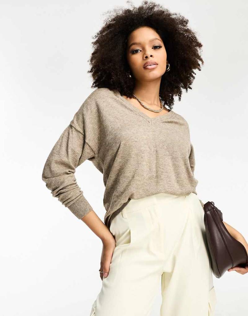 Object - Pullover in meliertem Fossil-Beige mit V-Ausschnitt-Neutral von Object