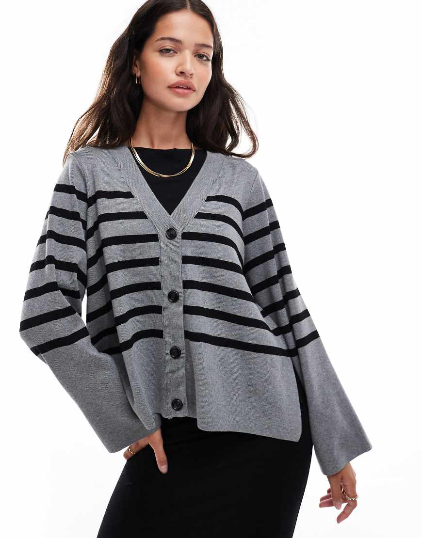 Object - Strickjacke in Grau mit schwarzen Streifen und durchgehender Knopfleiste-Bunt von Object