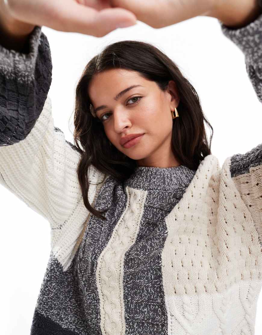 Object - Strickpullover in Grau und Cremeweiß mit Aufnäher von Object
