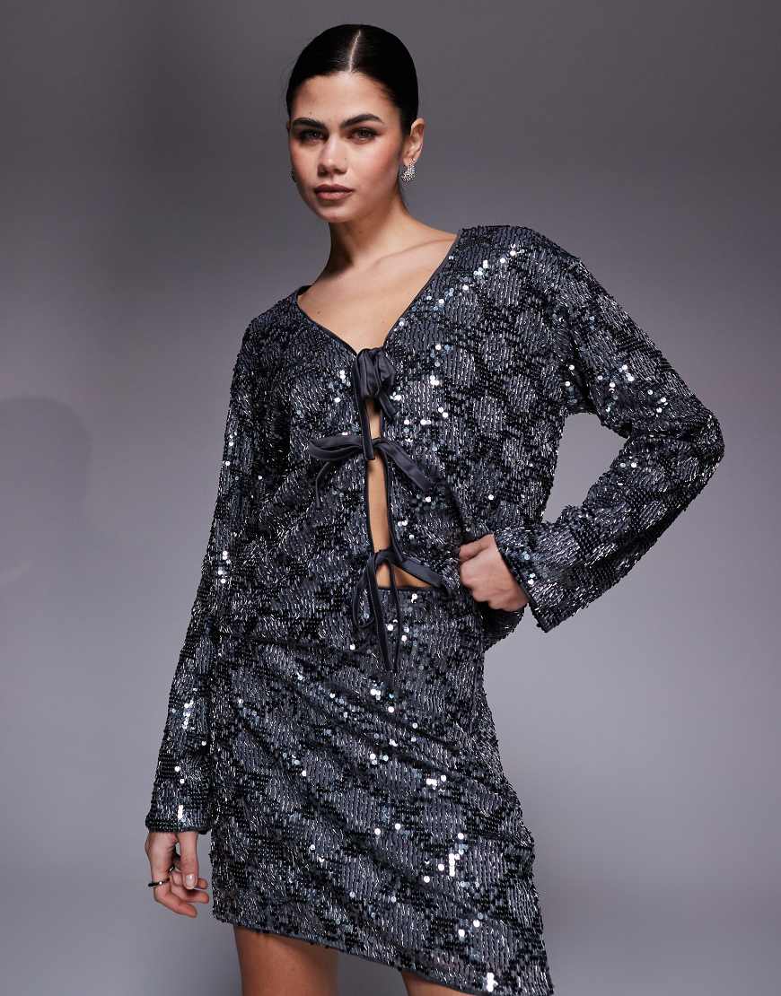 Object - Vorne geschnürtes Oberteil in Dunkelsilber mit farblich abgesetztem Paillettenmuster, Kombiteil von Object