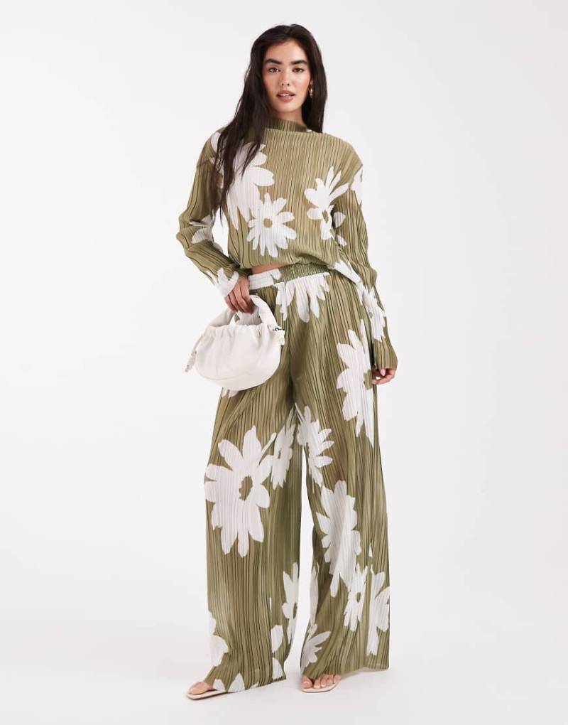 Object - Weit geschnittene Plissee-Hose in Olivgrün mit Blumenmuster, Kombiteil von Object