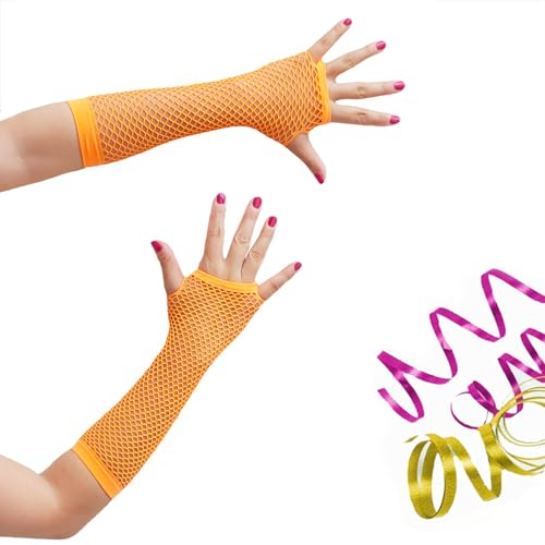 Oblique Unique® Netzhandschuhe lang Neon Orange Accessoire für Fasching Karneval Motto Party - Einheitsgröße von Oblique Unique
