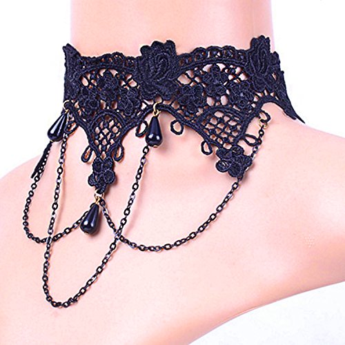Oblique Unique Damen Kette Gothic Collier Acryl Spitze Armbänder mit Ring Fußkette Lolita -wählbar (Halsband 4) von Oblique Unique