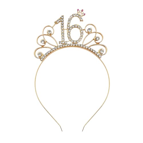 Oblique Unique Haarreifen Zahl 16 Gold mit Diamanten und Krone Haarreif für 16. Geburtstag Mädchen Damen Frauen aus Metall von Oblique Unique
