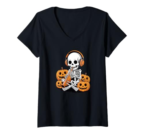 Damen Halloween Skelett Oboe Oboist T-Shirt mit V-Ausschnitt von Oboe Instrument Oboist Gifts