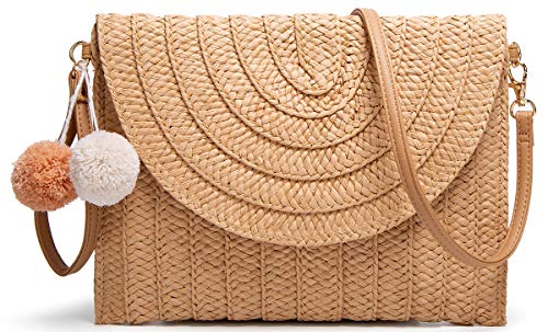 Stroh-Umhängetasche, Stroh-Clutch, handgewebt, Pom-Pom-Stroh, Crossbody-Tasche, Sommer, Strand, Umschlag-Geldbörse, A-Khaki, Medium von Obosoyo