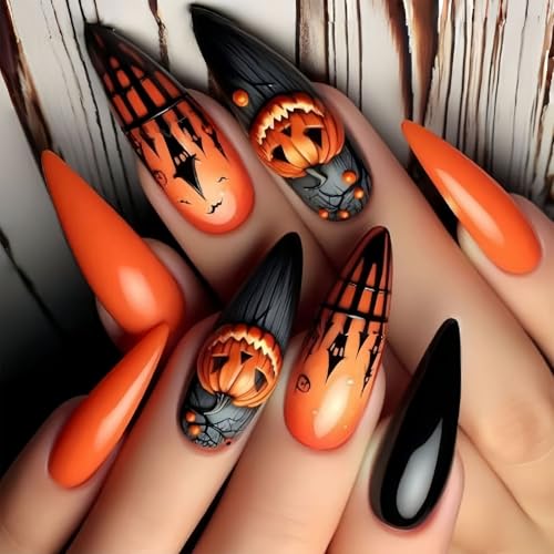 Festliche künstliche Fingernägel, lange Mandelspitzen, Halloween-Spinnennetz-Design, atmungsaktiv, Party-Zubehör für Frauen, Kürbis-geisterhafte Nagelkunst von Obotsnoi
