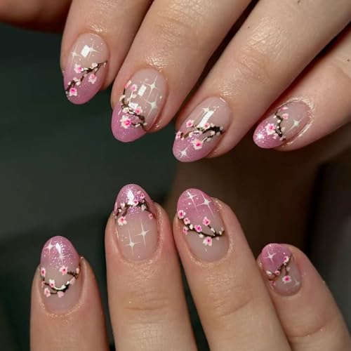 Glitzernägel zum Aufdrücken, Blumenmuster, 24 Stück, kurze, ovale Form, zum Aufkleben, vollständige Abdeckung, zum Aufkleben, für Damen, volle Abdeckung, zum Aufkleben von Obotsnoi