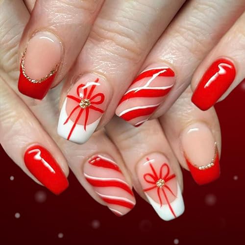 Künstliche Nägel mit Schneeflocken-Glitzer, 24 Stück, Weihnachtsfeier-Nägel, ABS-Materialien, einfache Anwendung, Urlaub, Frauen, gestreiftes Geschenkband, künstliche Nägel von Obotsnoi