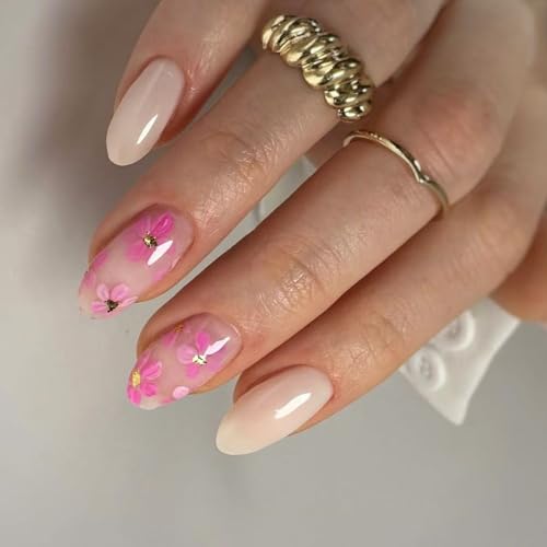 Künstliche Nägel zum Aufdrücken, künstliche Fingernägel, Blumendesign, französische Spitzen, Acrylkleber, Nägel für Damen, transparent, 24 Stück von Obotsnoi