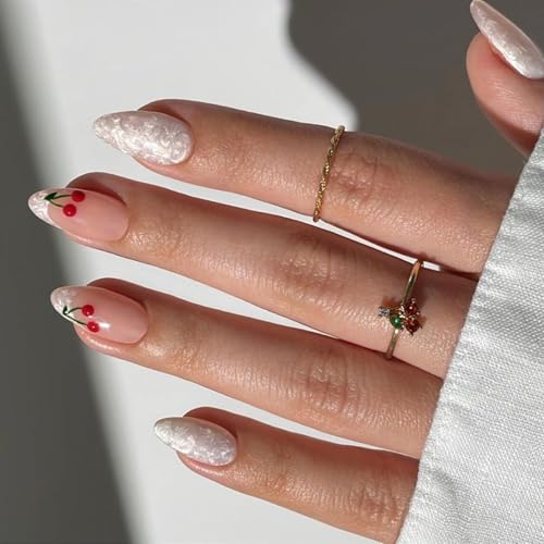 Künstliche Nägel zum Aufdrücken, künstliche Nägel zum Aufdrücken, Kirsch-Design, französische Spitzen, Acrylkleber, Nägel für Damen, transparent, 24 Stück von Obotsnoi