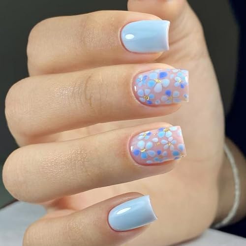 Künstliche Nägel zum Aufdrücken, quadratisch, mit Blumendesign, Kunstnägel, Kunstnägel, für Damen, Sarg, Mandel, französische Spitze, 24 Stück von Obotsnoi