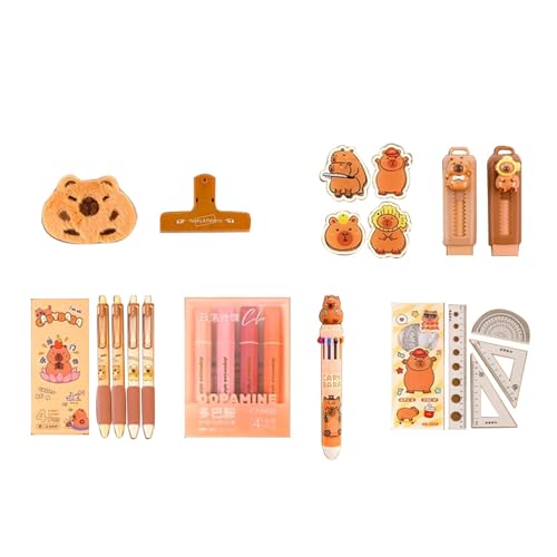 Obotsnoi Cartoon Schule Schreibwaren mit großem Federmäppchen Gelschreiber Kugelschreiber Textmarker Büroklammer Aufkleber Lineal Radiergummi Capybara Gel und Aufkleber von Obotsnoi
