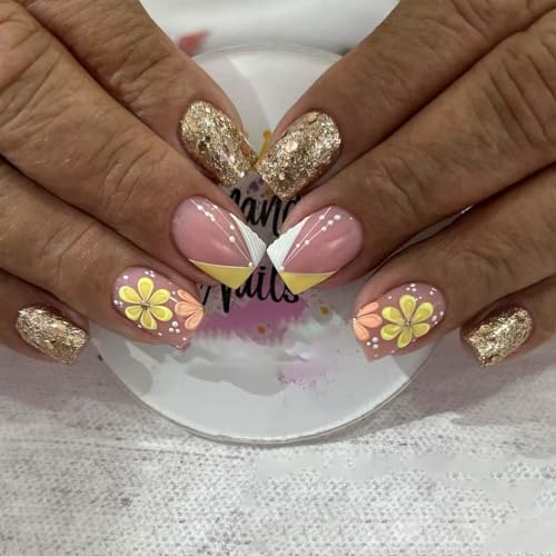 Quadratische Nägel zum Aufdrücken, Blume, Kunstnägel, zum Aufkleben auf Glitzer, künstliches Acryl, 24 Stück, für Frauen, Fench-Spitze, künstliche Nägel von Obotsnoi
