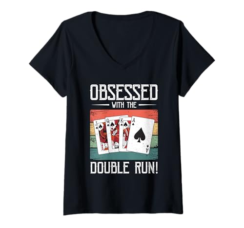 Damen Pinochle Kartenspiel Gruppenspiel Binokel Karten Turnier T-Shirt mit V-Ausschnitt Damen Pinochle Kartenspiel Gruppenspiel Binokel Karten Turnier T-Shirt mit V-Ausschnitt von Obsessed With The Double Run