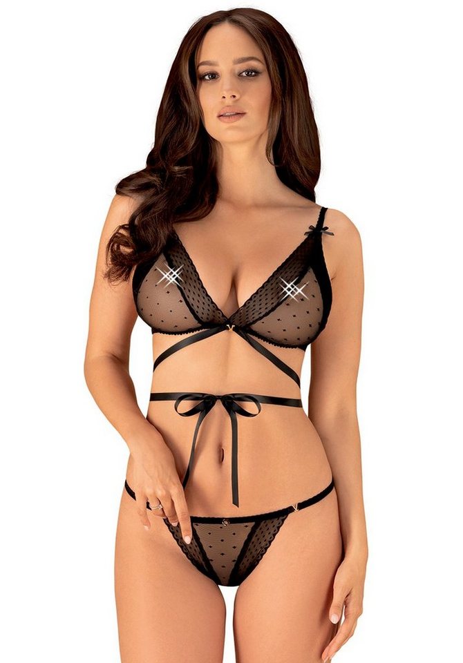 Obsession Set: Bügelloser BH Bowessa Dessous-Set BH und Slip mit Schleifen transparent - schwarz (2-tlg) von Obsession